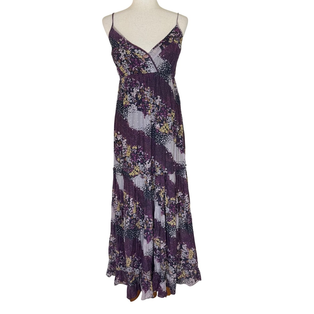 Maeve Maxi Dress Size 12 Purple Floral Silk Blend Patchwork Tiered Anthropologie